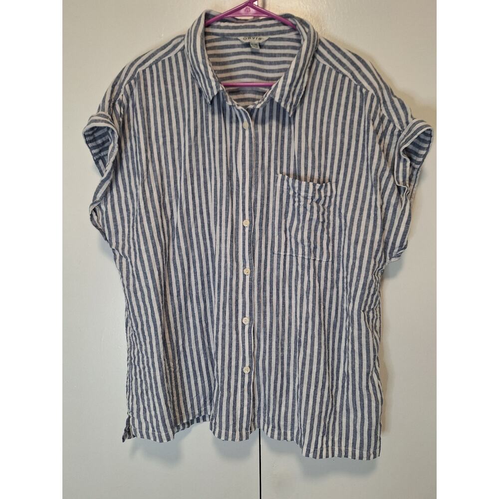 Orvis Blue Striped Linen Blend Button Up Top Womens Size XL